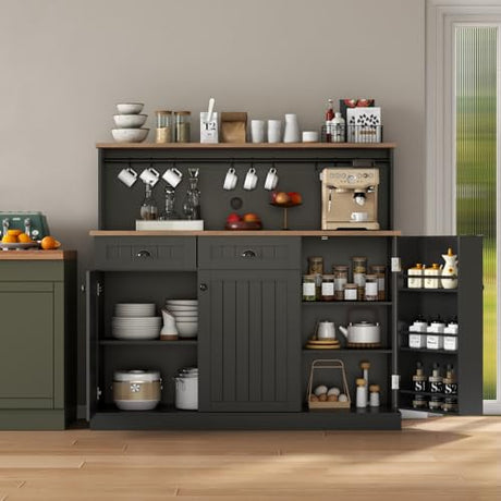 Gyfimoie Sideboard Buffet Cabinet with 2 Drawers, Farmhouse Kitchen Pantry with Adjustable Shelves, Coffee Bar Cupboard Cabinet with 3 Doors for Kitchen, Dining Room (Black) Gyfimoie