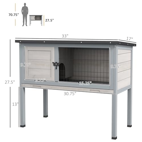 PawHut Elevated Wooden Rabbit Hutch, Indoor/Outdoor Bunny Cage with Hinged Asphalt Roof and Removable Tray for Guinea Pig, Gray PawHut