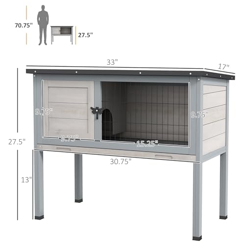 PawHut Elevated Wooden Rabbit Hutch, Indoor/Outdoor Bunny Cage with Hinged Asphalt Roof and Removable Tray for Guinea Pig, Gray - WoodArtSupply