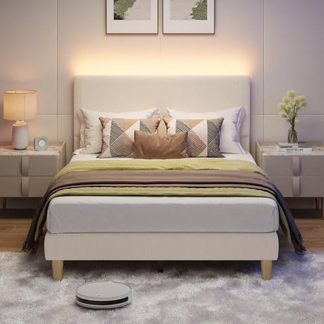 Bestier Full Bed Frame with Adjustable Headboard, LED Lighting, Vertical Channel Tufted Corduroy Upholstered, Solid Wooden Slats Support, No Box Spring Needed, Never Squeaks, Easy Assembly, Beige Bestier