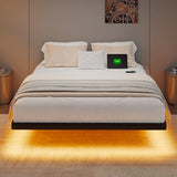 GalnFu Queen Floating Bed Frame with LED Lights and Charging Station, Metal Platform Bed Frame with Heavy Duty Steel Slats Support, No Box Spring Needed, Noise-Free, Easy Assembly GalnFu