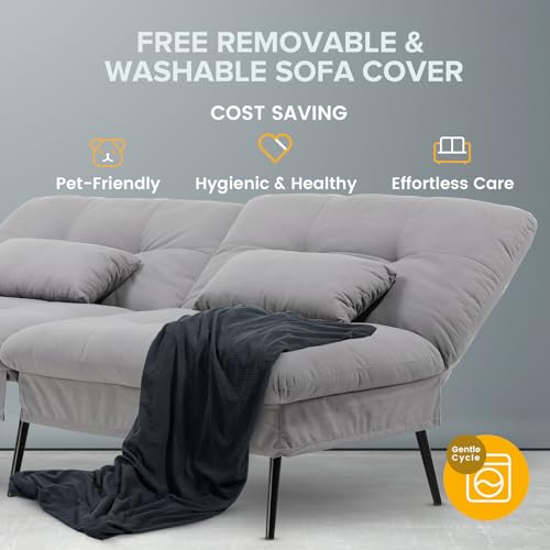 COMHOMA Convertible Futon Sofa Bed, 72″Fabric Futons Couch with Adjustable Backrest, Folding Sleeper Recliner for Living Room Furniture (Grey) COMHOMA