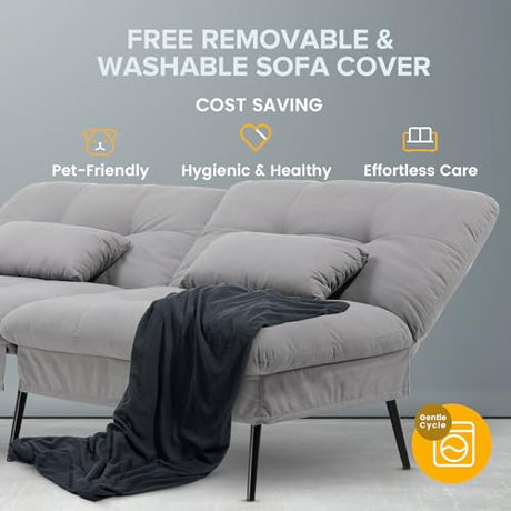 COMHOMA Convertible Futon Sofa Bed, 72″Fabric Futons Couch with Adjustable Backrest, Folding Sleeper Recliner for Living Room Furniture (Grey) COMHOMA