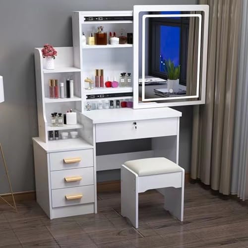 Vanity Desk with Sliding Mirror and Lights, Small Vanity Table Makeup Vanity Dressing Table, Makeup Vanity with Drawers & Shelves, Bedroom Dressing Table, Writing Desk Bedroom Essential (Whit - WoodArtSupply