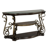 HomVent Vintage Console Table with Glass Top and Scrollwork Metal Legs,Mid-centruy Dark Brown Entryway Table Sofa Side Tables Narrow Tables HomVent