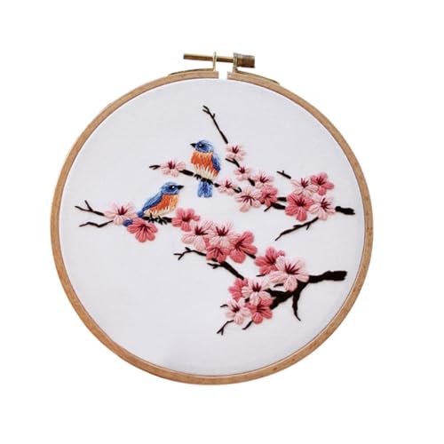 Biweutydys Needlepoint Kits for Adults Birds on Cherry Blossom Branches Pattern Cross Stitch Kits Cherry Blossom Flowers Hand Embroideried Kit with Embroidery Hoop and Instruction Mother's Day Gift