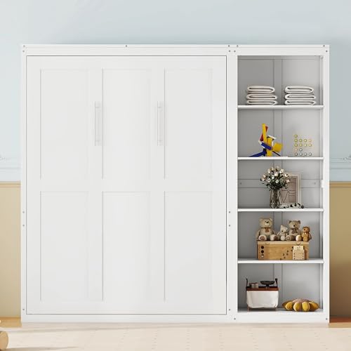 Harper & Bright Designs Queen Size Murphy Bed, Wooden Wall Bed with Shelves, White Harper & Bright Designs