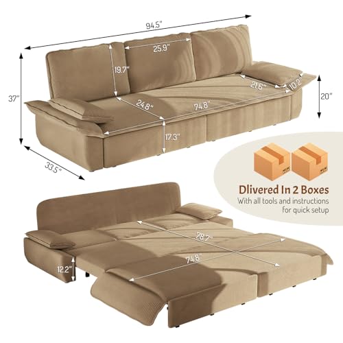 KEIKI 94.5'' King Sleeper Sofa Bed, Space-Saving 3-in-1 Pull Out Futon Couch, Modern Corduroy Loveseat Sofa with Reclining Back, Ideal for Apartment, Studio, Small Spaces KEIKI