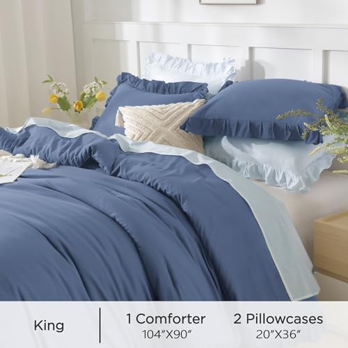 Andency Ocean Blue King Size Comforter Set, 3 Pieces Solid Farmhouse Shabby Chic Bedding Comforters & Sets, All Season Western Rustic Soft Down Alternative Bed Set for Adult Men Women Andency
