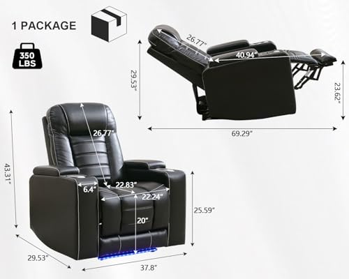 Power Recliner with Zero Gravity,Adjustable Headrest,Wireless Charger,LED Light Faux Leather Electric Reclining Chair Home Theater Seating USB Type-C Port,Cup Holder,Tray Table,Extended Footrest Black