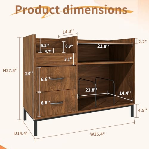 FLIXELIO Record Player Stand with Vinyl Storage and Drawers, 500+ Vinyl Record Storage Cabinets with Metal Legs Turntable Stand Mid Century Modern Record Player Table for Living Room FLIXELIO