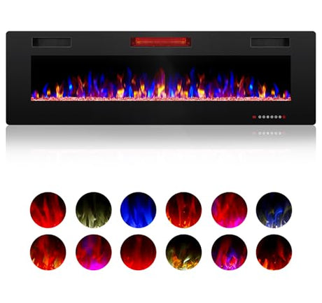 ZAFRO 50" Electric Fireplace with Remote Ultra-Thin & Quiet Wall-Mounted Recessed Heater, Adjustable 12-Color Flame, Brightness & Speed ZAFRO