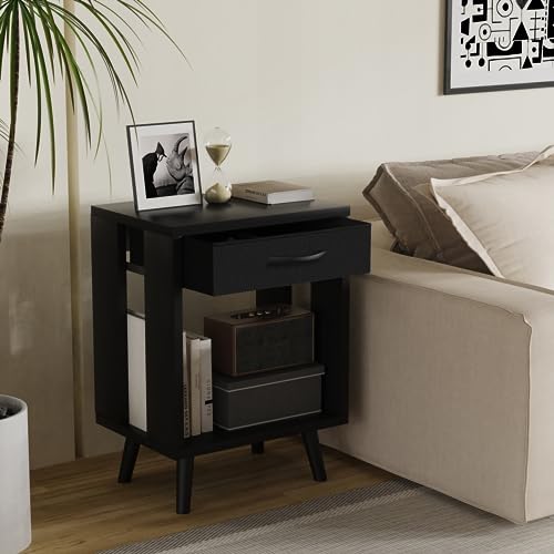 GYIIYUO Nightstands Set of 2 with Fabric Storage Drawer and Open Wood Shelf, Side Table with Storage for Bedroom, Night Stand with Drawer for Bedroom, Bedside Tables - Black 24" H - WoodArtSupply