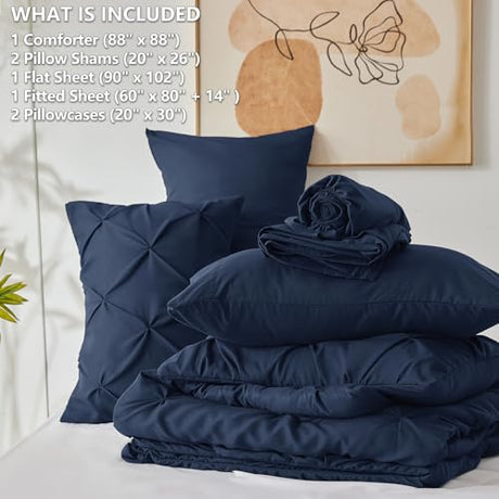 CozyLux Queen Comforter Set Navy Blue, 7 Pieces Pintuck Bed in A Bag, Premium Blue Comforter Queen Size, Pinch Pleat Bedding Sets with Comforter, Sheets, Pillowcases & Shams CozyLux