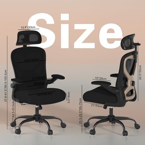 Ergonomic Office Chair, Mesh Desk Chair with Headrest, Lumbar Support, Thick Seat Cushion, Flip-up Arms, High Back Computer Task Chairs for Home Office (English, Black/Gold) CASASIO