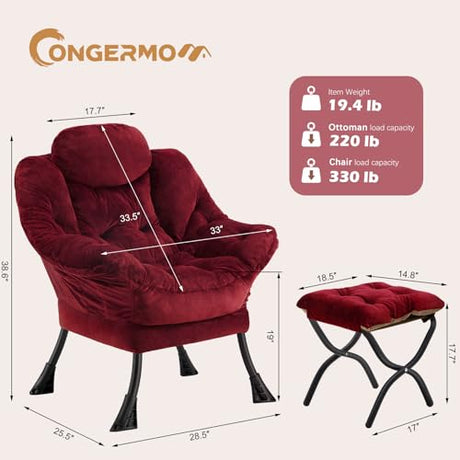 Congermom Lazy Chair with Folding Ottoman,Leisure Sofa Chair,Soft Fabric Armchair with Armrests and Side Pockets, Reading Chair with Footrest for Living Room, Bedroom, Office (Plush Red) Congermom