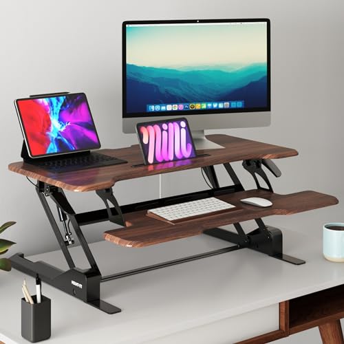 Mount-It! 38 Inch Standing Desk Converter, Sit Stand Desk Riser for Dual Monitors with Keyboard Tray, Height Adjustable Desktop Workstation, Easy Lift Gas Spring, Rustic Walnut Brown Mount-It!