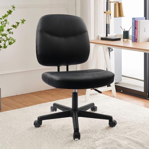 CLATINA Armless Home Office Chair, Small PU Leather Ergonomic Low Back Desk Chair with Lumbar Support and Wheels, Adjustable Height 360° Swivel Rolling Computer Task Chair, Black CLATINA