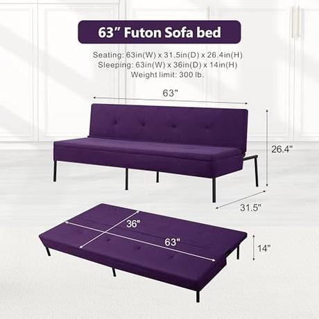 Loveseat Sofa Bed 63” with 5 Reclining Positions, Convertible Futon Sleeper, 600lbs Weight Capacity, Durable Iron Frame with Black Powder Coating & Polyester Upholstery,Purple SonkYog