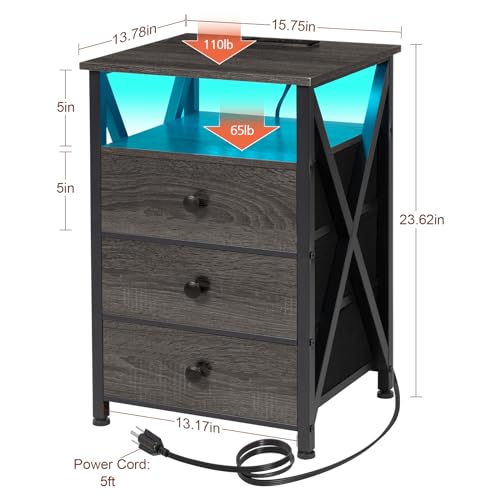 AMHANCIBLE Night Stand Set 2, LED Nightstand with Charging Station, End Side Tables with USB Port & Outlet, Bedside Table with Fabric Drawers for Bedroom Living Room, Dark Grey, HET053LDG AMHANCIBLE