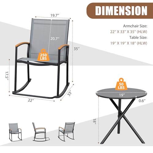 Shintenchi 3 Piece Outdoor Rocking Bistro Set, Textilene Fabric Small Patio Furniture Set, Front Porch Rocker Chairs Conversation Set with Table for Lawn, Garden, Balcony, Poolside (Light Gray) Shintenchi