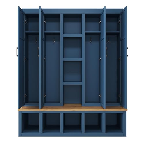Ball & Cast 62.9" Farmhouse Hall Tree with Bench,4-in-1 Coat Rack W/Display Shelf,4 Storage Unit and 5 Shoe Cabinet,Entryway Cabinet W/ 6 Hanging Hookers,for Hallway,Living Room,Mudroom,Blue Ball & Cast