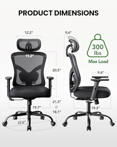 Marsail Ergonomic Office Chair Ergonomic Gaming Chair with Lumbar Support, 2D Headrest, Adjustable Armrests, Contoured Seat Cushion, Computer Desk Chair with Wheels for Home and Office (Dark) Marsail
