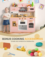 Babytronic Wooden Play Kitchen Set, Pretend Play Kitchen with Lights and Sounds for Kids Ages 3+, Includes Stove, Oven, Microwave, Coffee Maker, and Accessories, Toy Kitchen Set for Toddlers (Pink) Babytronic