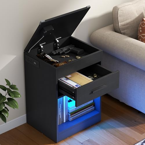 LED Nightstand with Charging Station & RFID Lock Cabinet, Modern Black Bedroom Nightstands with Drawer & Open Storage, Wooden Nightstands for Concealment, Smart Nightstand for Hidden Valuables Storage Gyfimoie