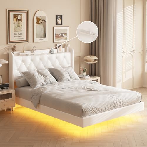 Queen Size Halitaa Floating Bed Frame with LED Lights & Upholstered Button Tufted Headboard - No Box Spring Needed, White - WoodArtSupply