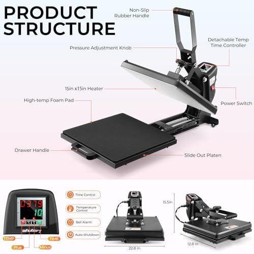 Whubefy Heat Press Machine 15x15 with Fully Slide Out Drawer, 1200W Heat Press Machine for T Shirts Printer, Heat up Fast&Even, Sublimation Shirt Press Machine for Mouse Pad, Pillow, Coaster, Puzzles Whubefy