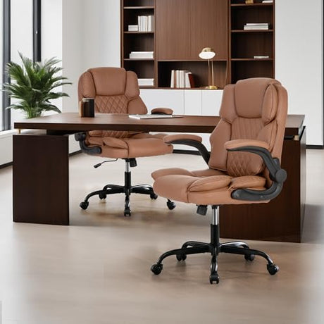 BOWTHY Office Desk Chair,Mid Back Executive Leather Chair,Ergonomic Home Computer Chair,Modern Conference Room Chairs with Adjustable Flip-Up Arms and Rocking Function (Brown) BOWTHY