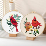 ERKOON 4 Sets Embroidery Kit, Animal Cross Stitch Set for Include Embroidery Cloth Hoops Threads for Craft Lover Hand Stitch (Cardinal)