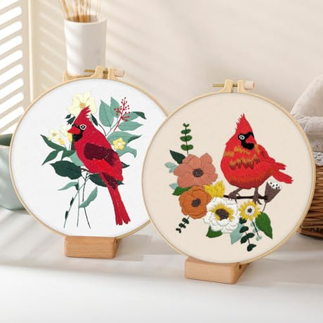ERKOON 4 Sets Embroidery Kit, Animal Cross Stitch Set for Include Embroidery Cloth Hoops Threads for Craft Lover Hand Stitch (Cardinal) ERKOON