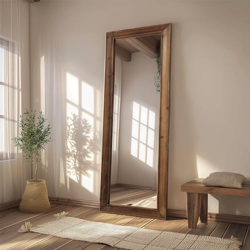 MELOMOIR Rustic Farmhouse Full Length Mirror, 64"x21" Wood Frame Floor Mirror, Free Standing Mirror Leaning Hanging Mirror, Long Mirror for Bedroom Living Room Cloakroom, Wood - WoodArtSupply