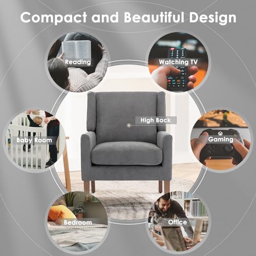 COLAMY Modern Wingback Living Room Chair Set of 2, Upholstered Fabric Accent Armchair, Single Sofa Chair with Lounge Seat and Wood Legs for Bedroom/Office/Reading Spaces, Gery COLAMY