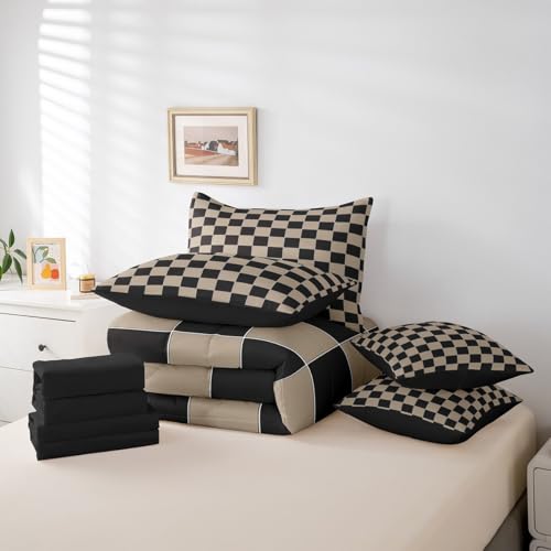 Erosebridal Geometric Plaid Twin Comforter Set 7 Piece Beige Black Brown Checkerboard Bed in A Bag with Sheets Checkered Grid Bedding Set for Kids Boys Men,Modern Aesthetic Bed Set Erosebridal