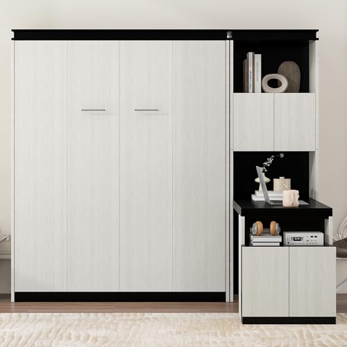 SOFTSEA Full Size Murphy Bed with Desk and Storage Shelves and Cabinets, Black+White SOFTSEA