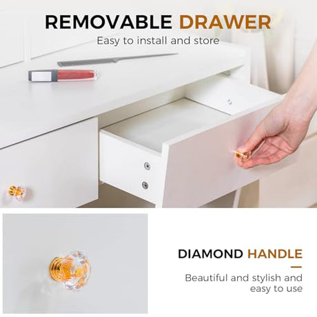 COMHOMA Makeup Vanity Desk with Mirror and Lights, Vanity Table and Chair Set with 5 Drawers and Charging Station, Bedroom Dresser LED Mirror Stepless Dimmable & 3 Color Modes Adjustable, Pearl White COMHOMA