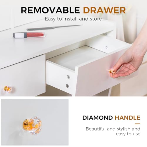 COMHOMA Vanity Desk with Mirror and Lights, Makeup Vanity Table and Chair Set with Drawers and Charging Station, Bedroom Dresser LED Mirror Stepless Dimmable & 3 Color Modes Adjustable, 5 Drawer/White COMHOMA