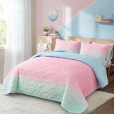 Xruibed Pink Quilt Set Twin Size Ombre Blue Pink Mint Quilt Sets Kids Girls Bedding Set 2PCs Summer Reversible Lightweight Microfiber Bedspread Coverlet Sets for All Season (68''x86'') Xruibed