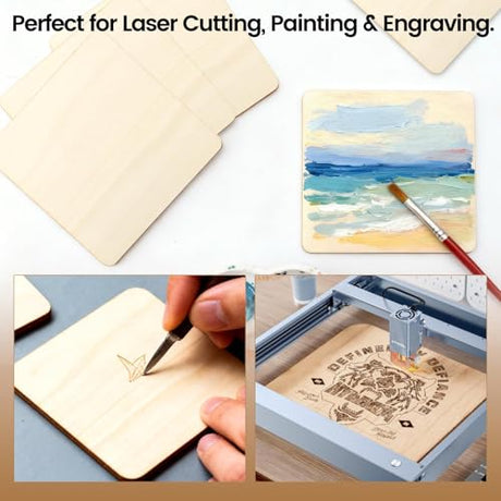 KUQQI 36Pcs 4x4 Inch Blank Unfinished Wood Pieces for Laser Engraving, Wood Carving, Painting, Coaster Making, and DIY Arts Craft Projects KUQQI