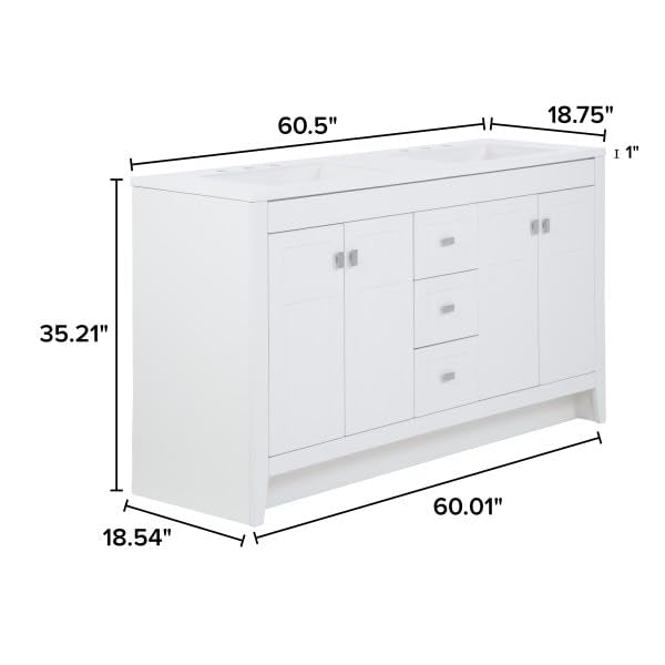 Spring Mill Cabinets Lonsdale 60-Inch Double-Sink Bathroom Vanity with White Top, 2 Soft-Close Cabinets, 3 Drawers, 60.5" W x 18.75" D, White Spring Mill Cabinets