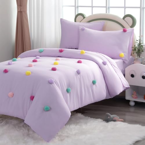 HOMBYS Pom Poms Bedding Comforter Set for Girls, 5 Piece Purple Boho Kids Comforter Set for All Season，Twin/Twin XL Size HOMBYS
