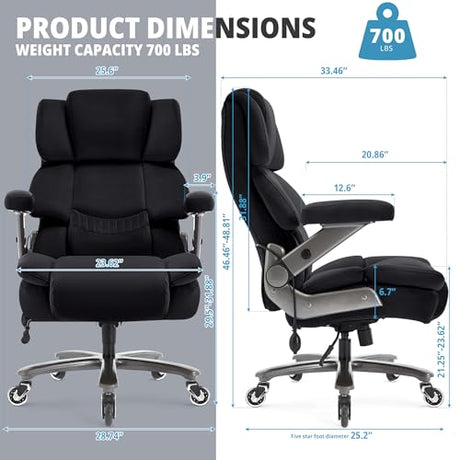 Fabric Big and Tall Office Chair 700lbs-High Back Executive Cloth Computer Chair with Adjustable Lumbar Support 3D Flip Arms Plus Size Rubber Wheels-Extra Wide Large Desk Chairs, Heavy Duty Metal Base VUZI