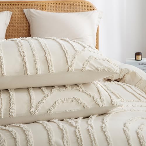 Nayoroom Boho Duvet Cover Full Size Beige Tufted Chenille Rainbow Textured Comforter Cover 3 Pcs Luxury Soft Washed Microfiber Aesthetic Bedding Set with Zipper Closure for All Seasons Nayoroom