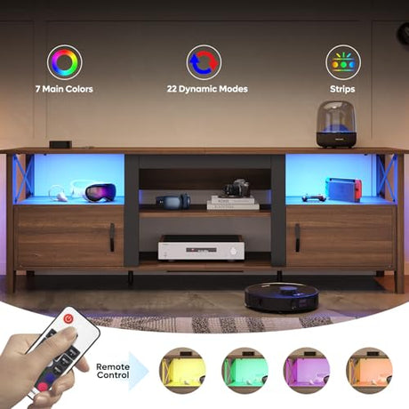 Bestier Farmhouse TV Stand for 70 inch TV, Gaming Entertainment Center with LED Lights, TV Console with 2 Storage Cabinets and Shelf for Living Room, 63'' Inch, Ancona Walnut Bestier