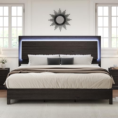 AMERLIFE Rustic Black King Bed Frame with LED Headboard - Stylish Platform Bed with Wooden Slats Support, No Box Spring Needed AMERLIFE