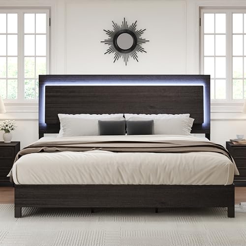 AMERLIFE Rustic Black King Bed Frame with LED Headboard - Stylish Platform Bed with Wooden Slats Support, No Box Spring Needed - WoodArtSupply