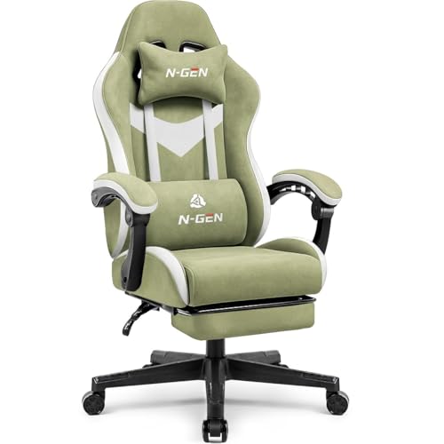 N-GEN GAMING Video Gaming Chair with Footrest Lumbar Support for Home Office High Back Recliner Height Adjustable Ergonomic Comfy Fabric Computer Desk Chair (Green)